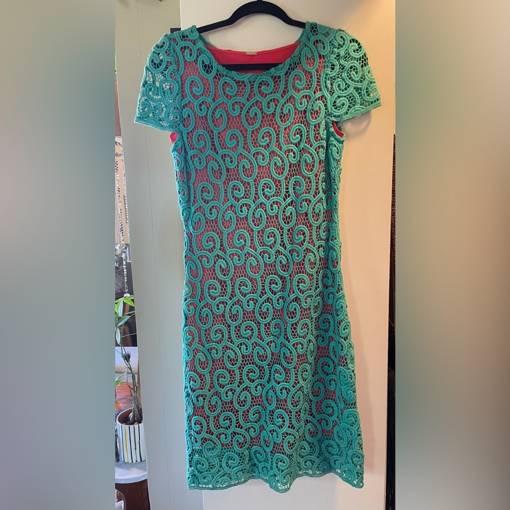 Elie Tahari layered crochet dress, pink and teal, size 8